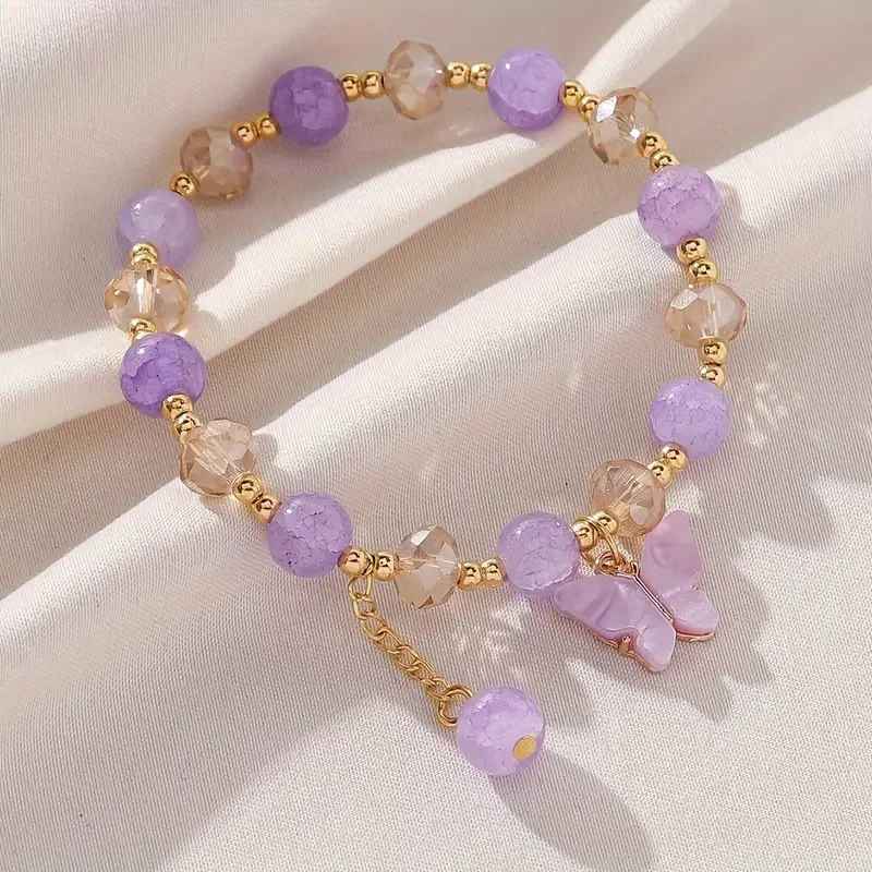 Purple Butterfly Charm Beaded Stretch Bracelet For Women Multi Color Crack Faceted Beads Round Charm Cute Girls Jewelry Gift